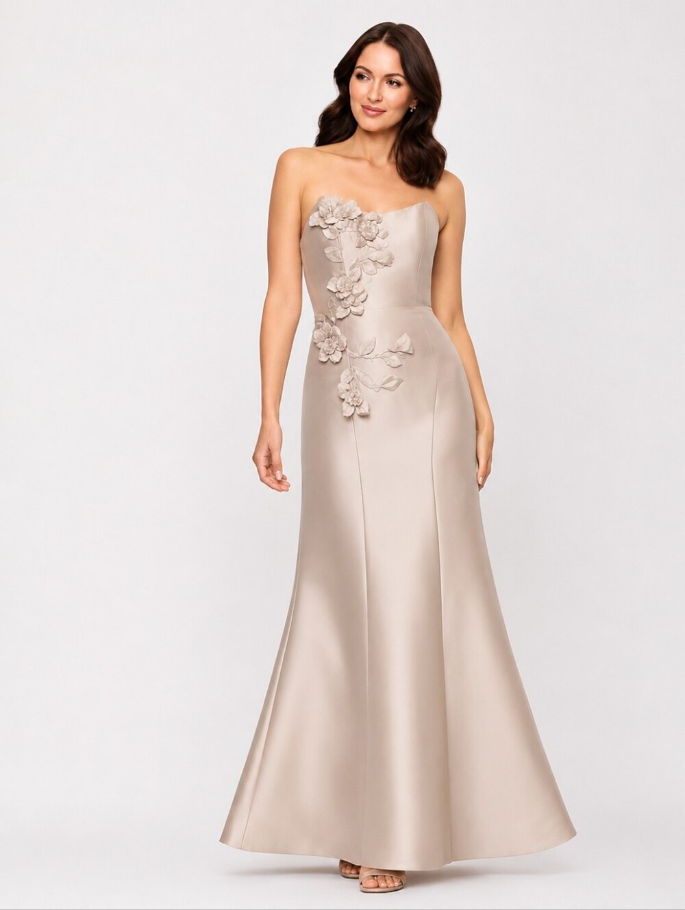 Betsy & Adam Strapless Floral Appliqué Gown Champagne Long Stretch